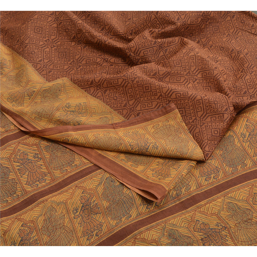 Sanskriti Vintage Sarees Brown Women Printed Pure Cotton Sari 5yd Craft Fabric