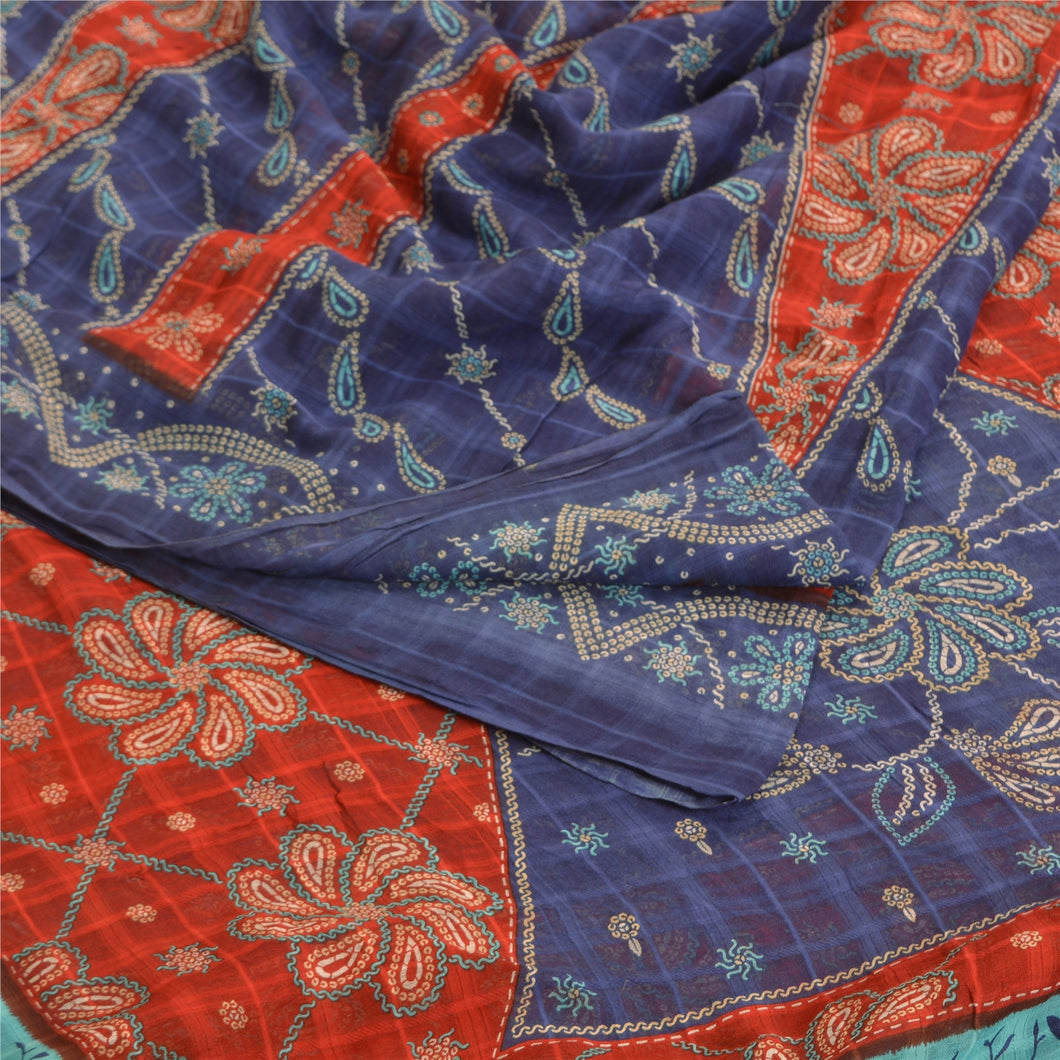 Sanskriti Vintage Sarees Blue/Red 100% Pure Cotton Printed Sari 5yd Craft Fabric