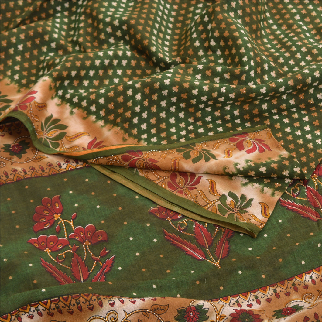Sanskriti Vintage Sarees Indian Green Pure Cotton Printed Sari 5yd Craft Fabric