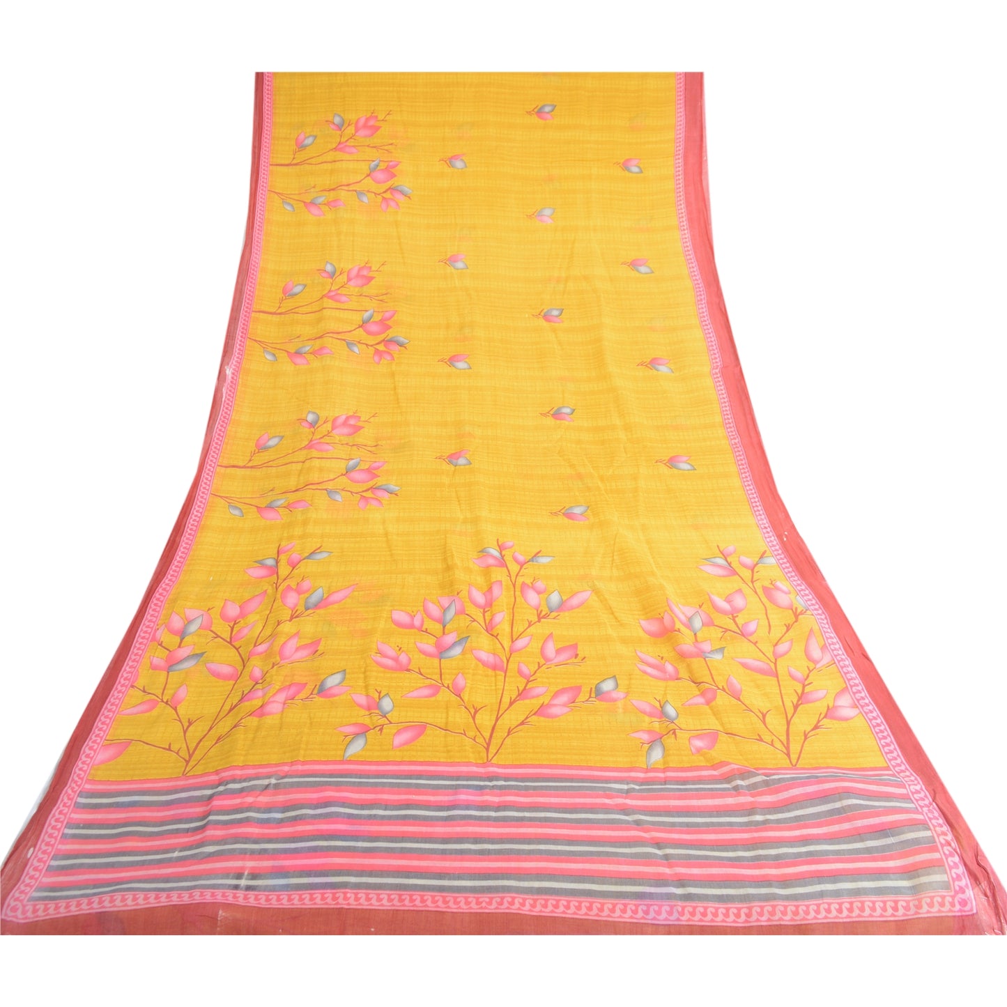 Sanskriti Vintage Sarees Indisk Gul Ren Bomuld Trykt Sari 5yd Håndværksmæssigt Bæredygtigt Stoff