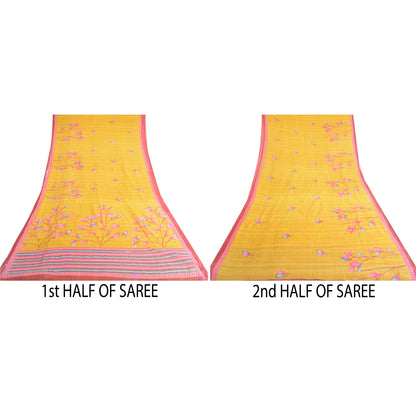 Sanskriti Vintage Sarees Indisk Gul Ren Bomuld Trykt Sari 5yd Håndværksmæssigt Bæredygtigt Stoff