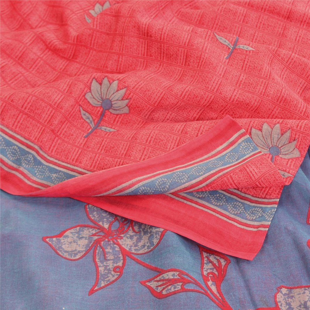 Sanskriti Vintage Sarees Indian Pink/Blue Pure Cotton Printed Sari Craft Fabric