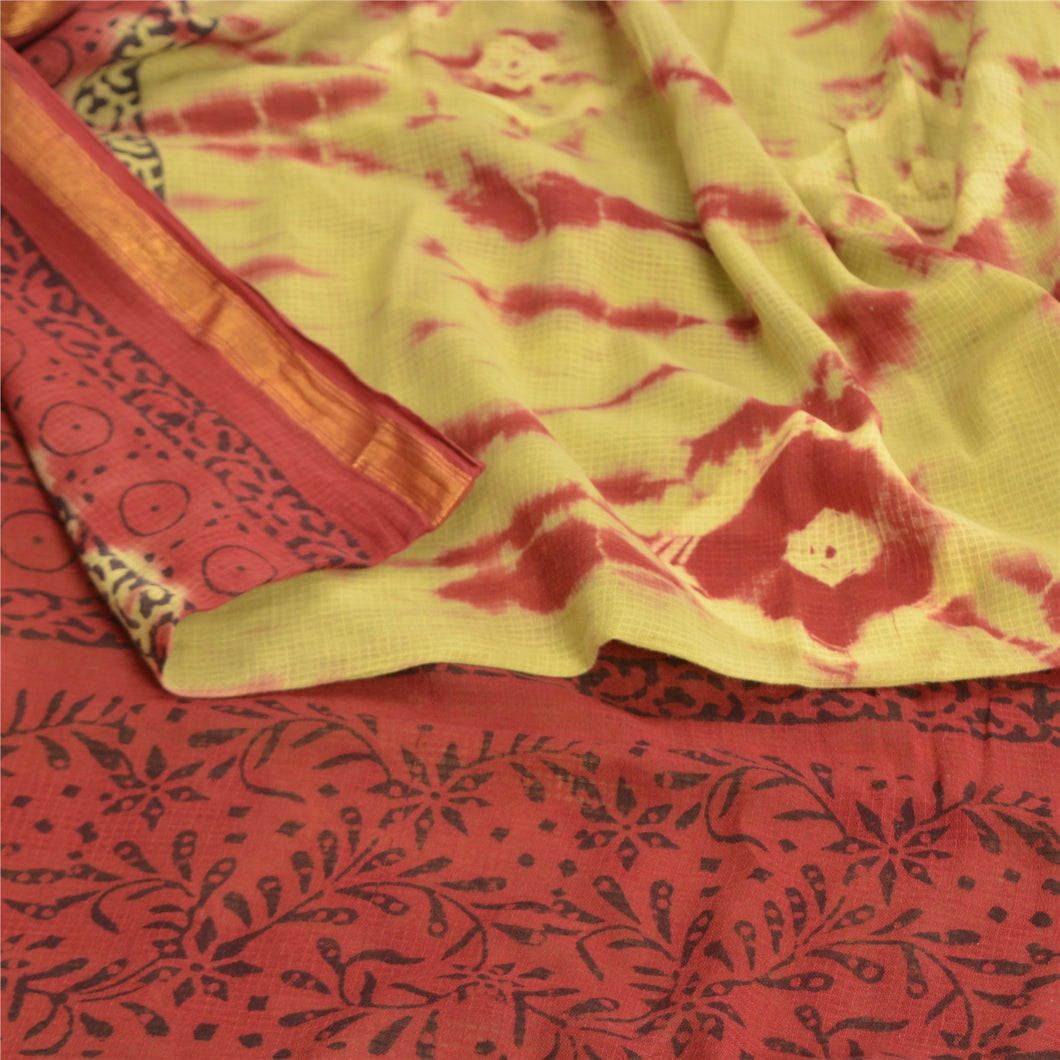 Sanskriti Vintage Sarees Green/Red Bandhani Kota Woven Pure Cotton Sari Fabric