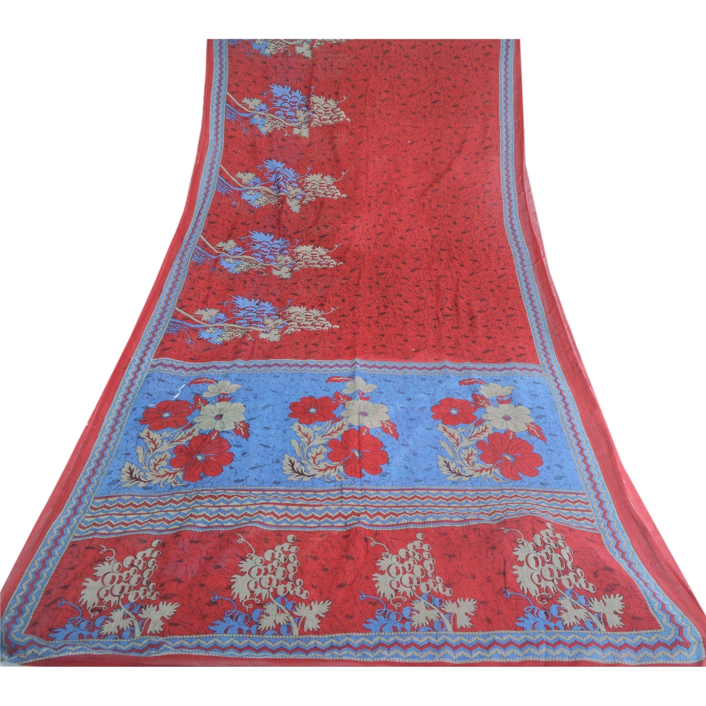Sanskriti Vintage Sarees Red From India Pure Cotton Printed Sari Craft Sustainable Fabric