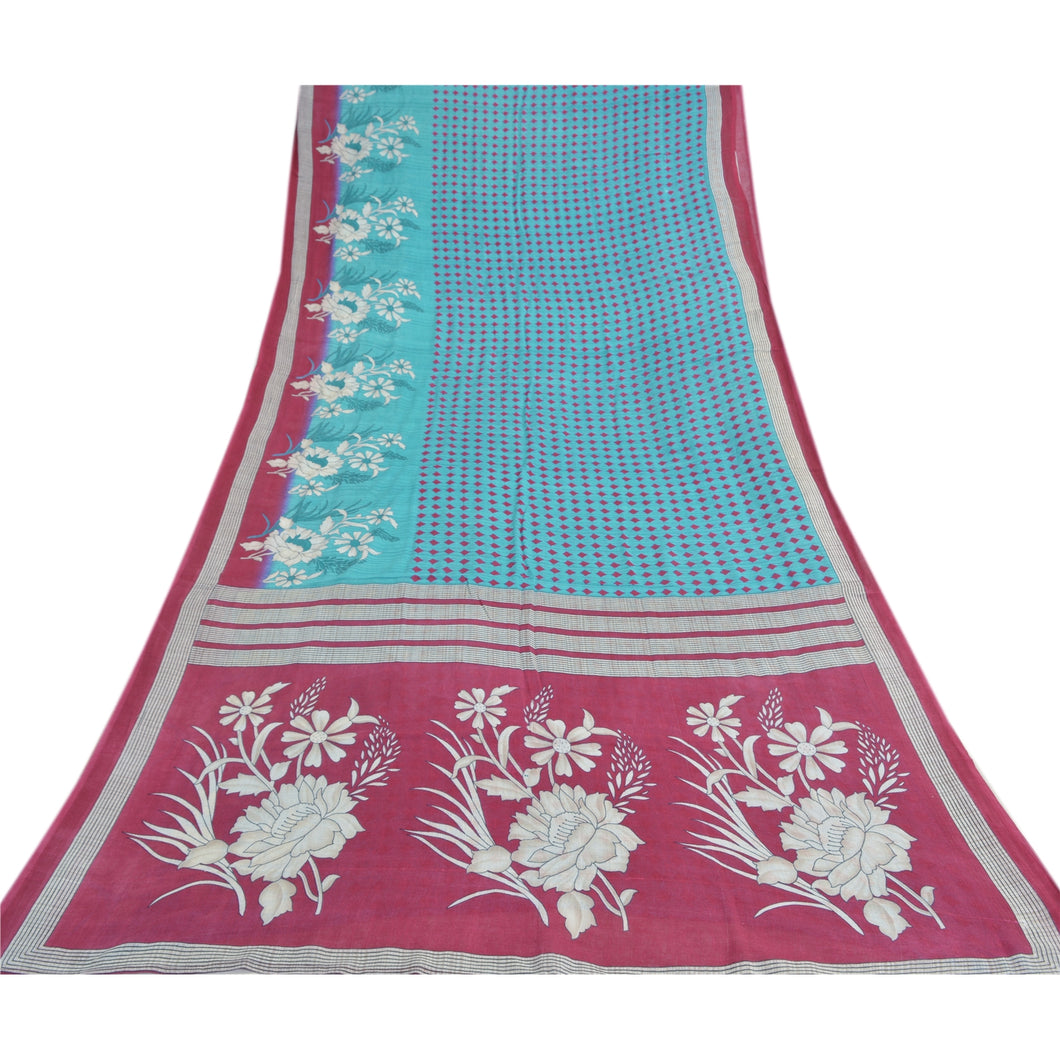 Sanskriti Vintage Sarees Blue/Pink Indian Pure Cotton Printed Sari Craft Fabric