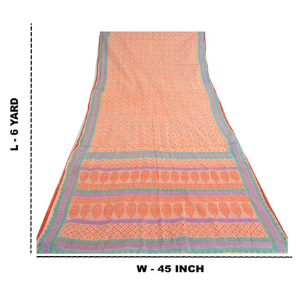 Sanskriti Vintage Sarees Cream/Orange Pure Cotton Printed Sari 5yd Craft Sustainable Fabric