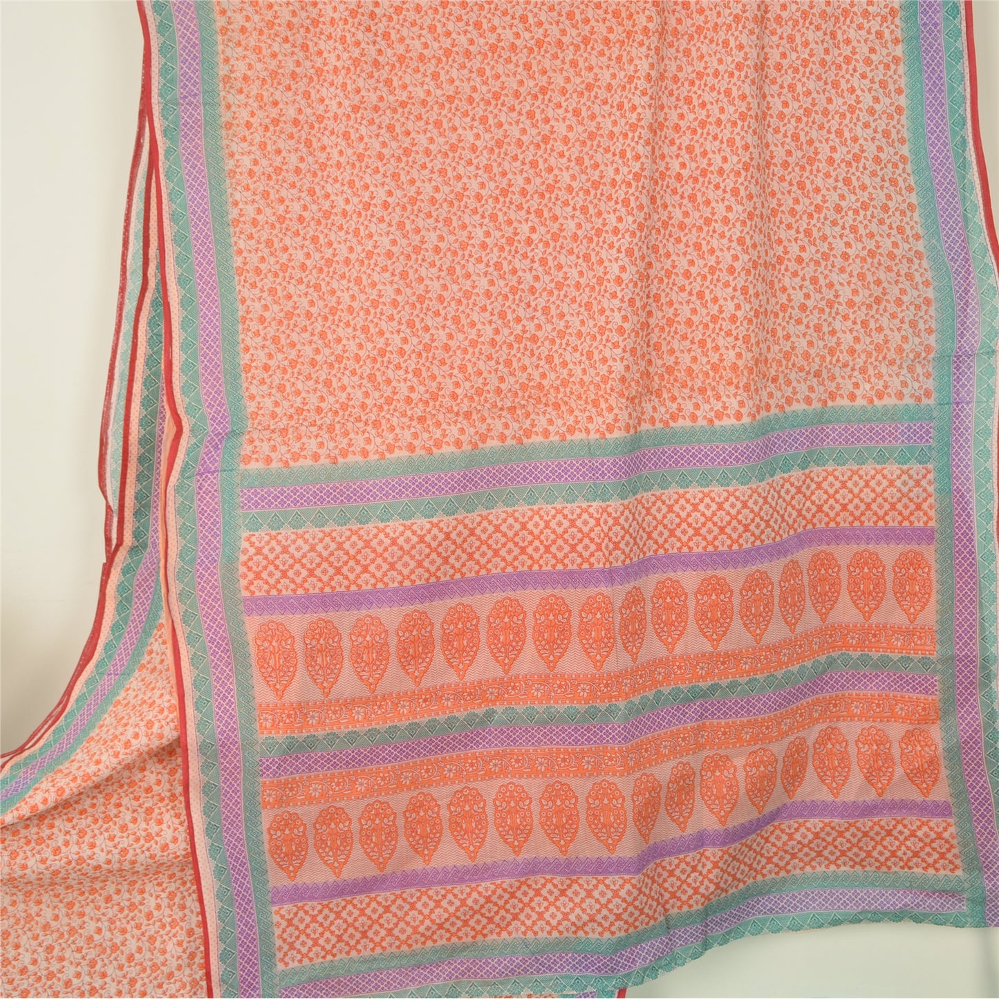 Sanskriti Vintage Sarees Cream/Orange Pure Cotton Printed Sari 5yd Craft Sustainable Fabric