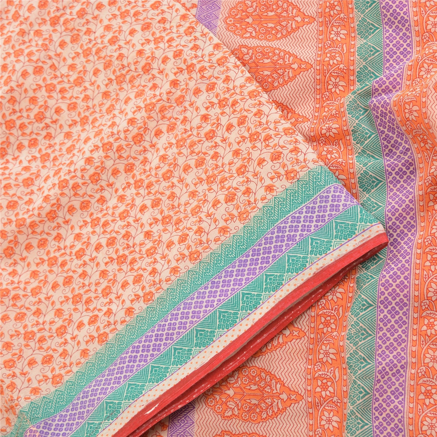 Sanskriti Vintage Sarees Cream/Orange Pure Cotton Printed Sari 5yd Craft Sustainable Fabric