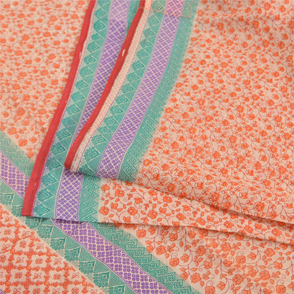 Sanskriti Vintage Sarees Cream/Orange Pure Cotton Printed Sari 5yd Craft Sustainable Fabric