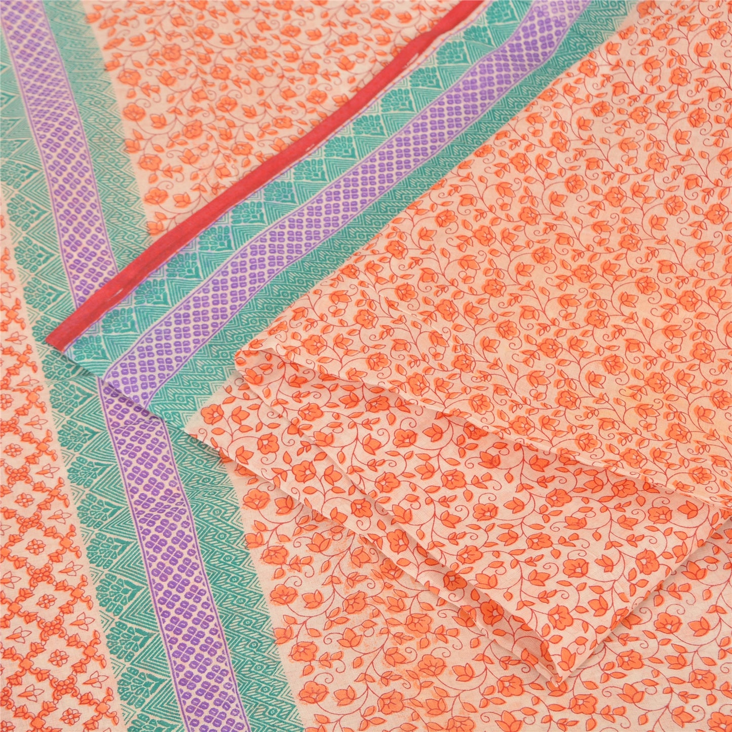 Sanskriti Vintage Sarees Cream/Orange Pure Cotton Printed Sari 5yd Craft Sustainable Fabric