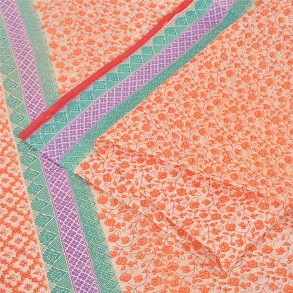 Sanskriti Vintage Sarees Cream/Orange Pure Cotton Printed Sari 5yd Craft Sustainable Fabric