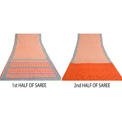 Sanskriti Vintage Sarees Cream/Orange Pure Cotton Printed Sari 5yd Craft Sustainable Fabric