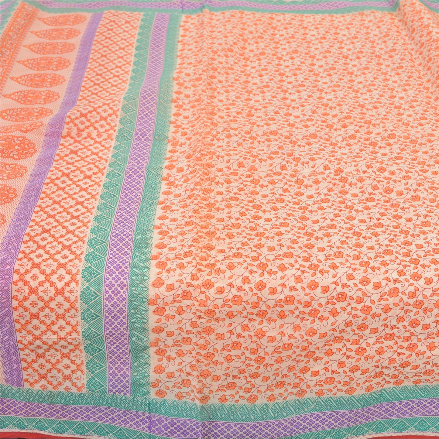 Sanskriti Vintage Sarees Cream/Orange Pure Cotton Printed Sari 5yd Craft Sustainable Fabric