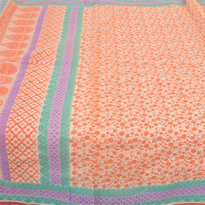 Sanskriti Vintage Sarees Cream/Orange Pure Cotton Printed Sari 5yd Craft Sustainable Fabric