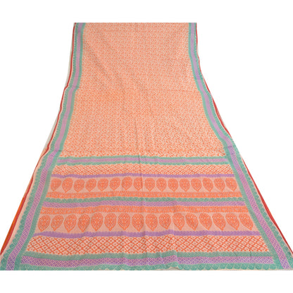 Sanskriti Vintage Sarees Cream/Orange Pure Cotton Printed Sari 5yd Craft Sustainable Fabric