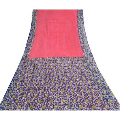 Sanskriti Vintage Sarees Pink/Purple Pure Cotton Printed Sari 5yd Craft Sustainable Fabric