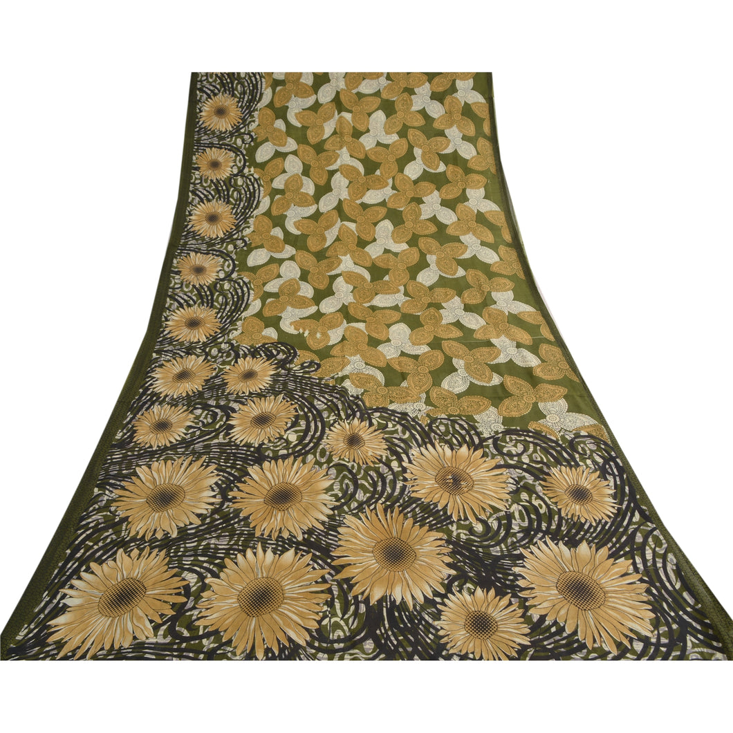 Sanskriti Vintage Sarees Green 100% Pure Cotton Printed Sari 5yd Craft Fabric