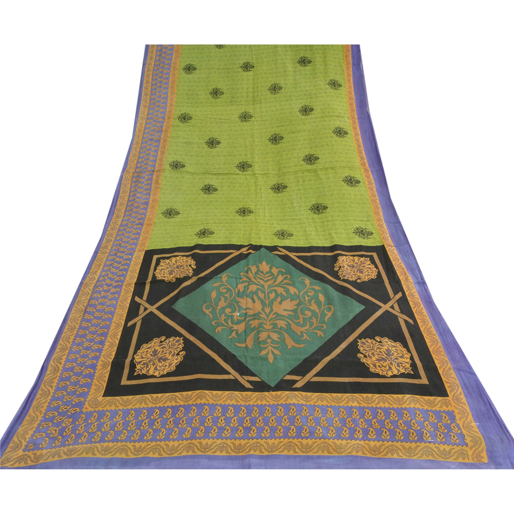 Sanskriti Vintage Sarees Green Pure Cotton Printed Sari 5yd Soft Craft Fabric