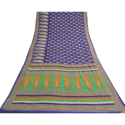 Sanskriti Vintage Sarees Indian Purple Pure Cotton Printed Sari 5yd Craft Sustainable Fabric