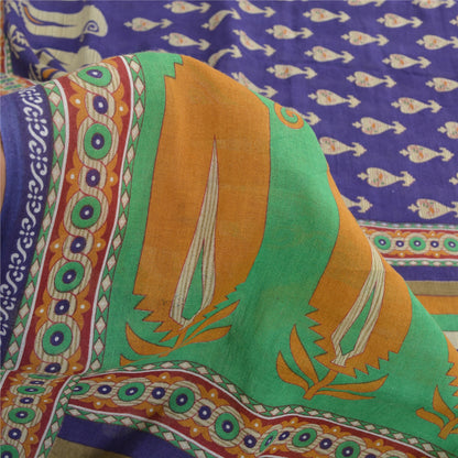 Sanskriti Vintage Sarees Indian Purple Pure Cotton Printed Sari 5yd Craft Sustainable Fabric