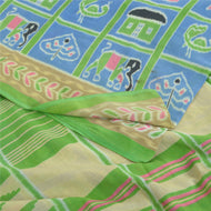Sanskriti Vintage Sarees Blue/Green Patan Patola Printed Pure Cotton Sari Fabric
