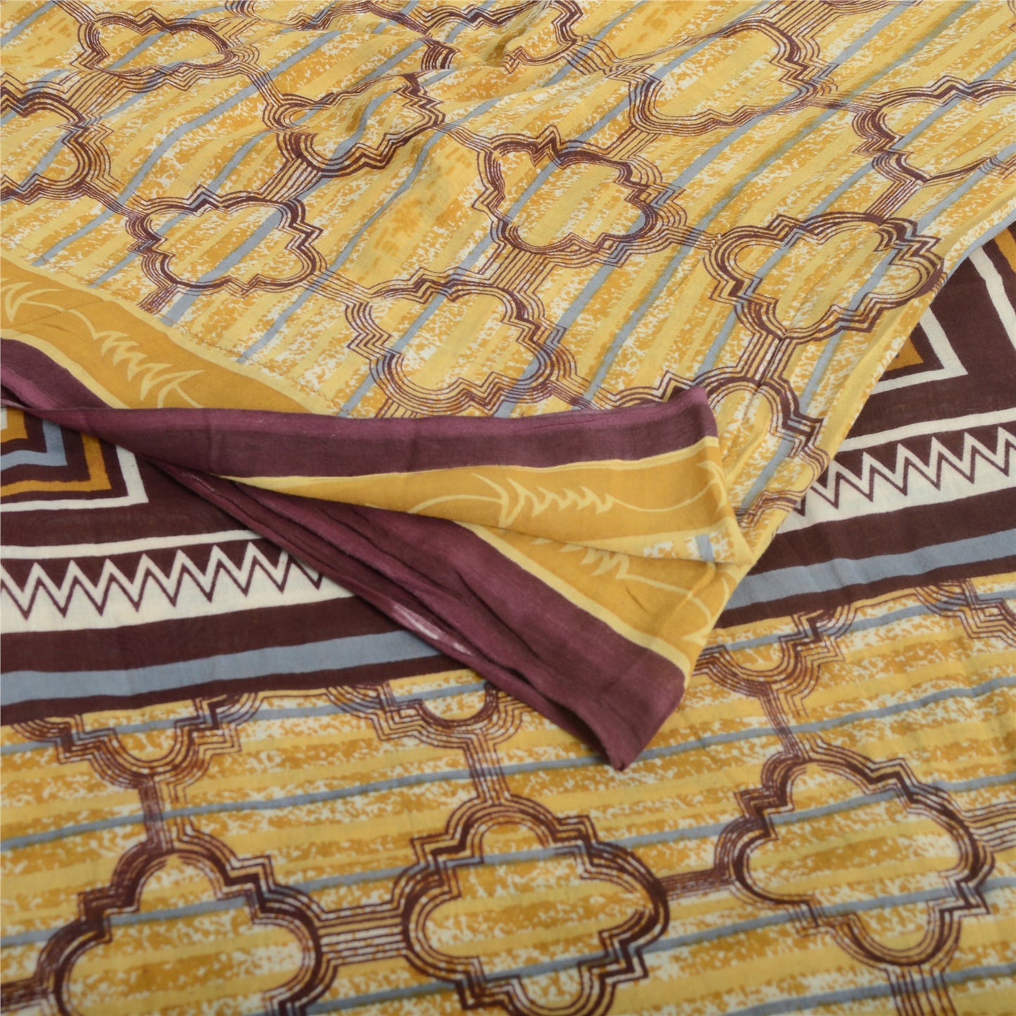 Sanskriti Vintage Sarees Light Yellow Pure Cotton Printed Sari 5yd Craft Sustainable Fabric