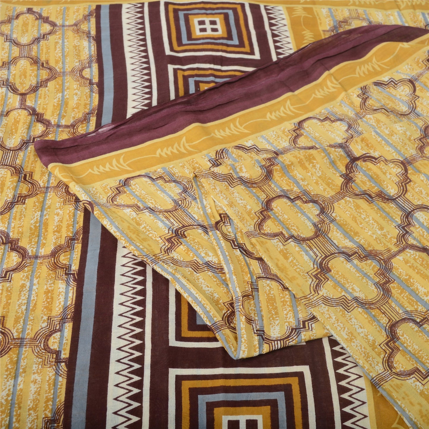 Sanskriti Vintage Sarees Light Yellow Pure Cotton Printed Sari 5yd Craft Sustainable Fabric