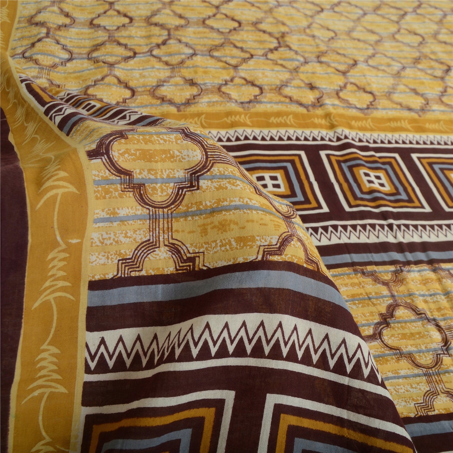 Sanskriti Vintage Sarees Light Yellow Pure Cotton Printed Sari 5yd Craft Sustainable Fabric