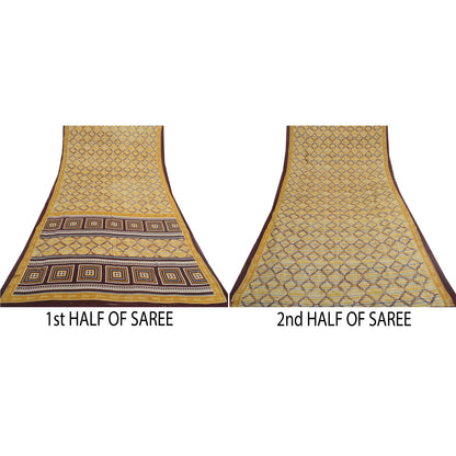 Sanskriti Vintage Sarees Light Yellow Pure Cotton Printed Sari 5yd Craft Sustainable Fabric