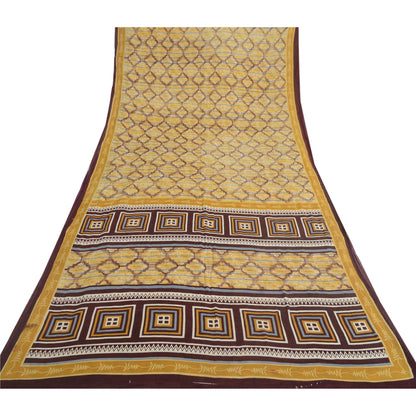 Sanskriti Vintage Sarees Light Yellow Pure Cotton Printed Sari 5yd Craft Sustainable Fabric