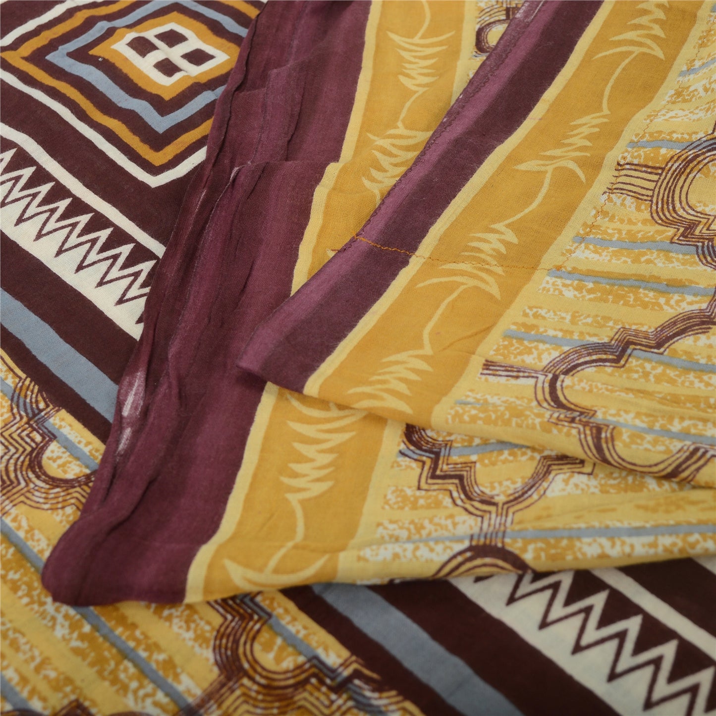 Sanskriti Vintage Sarees Light Yellow Pure Cotton Printed Sari 5yd Craft Sustainable Fabric