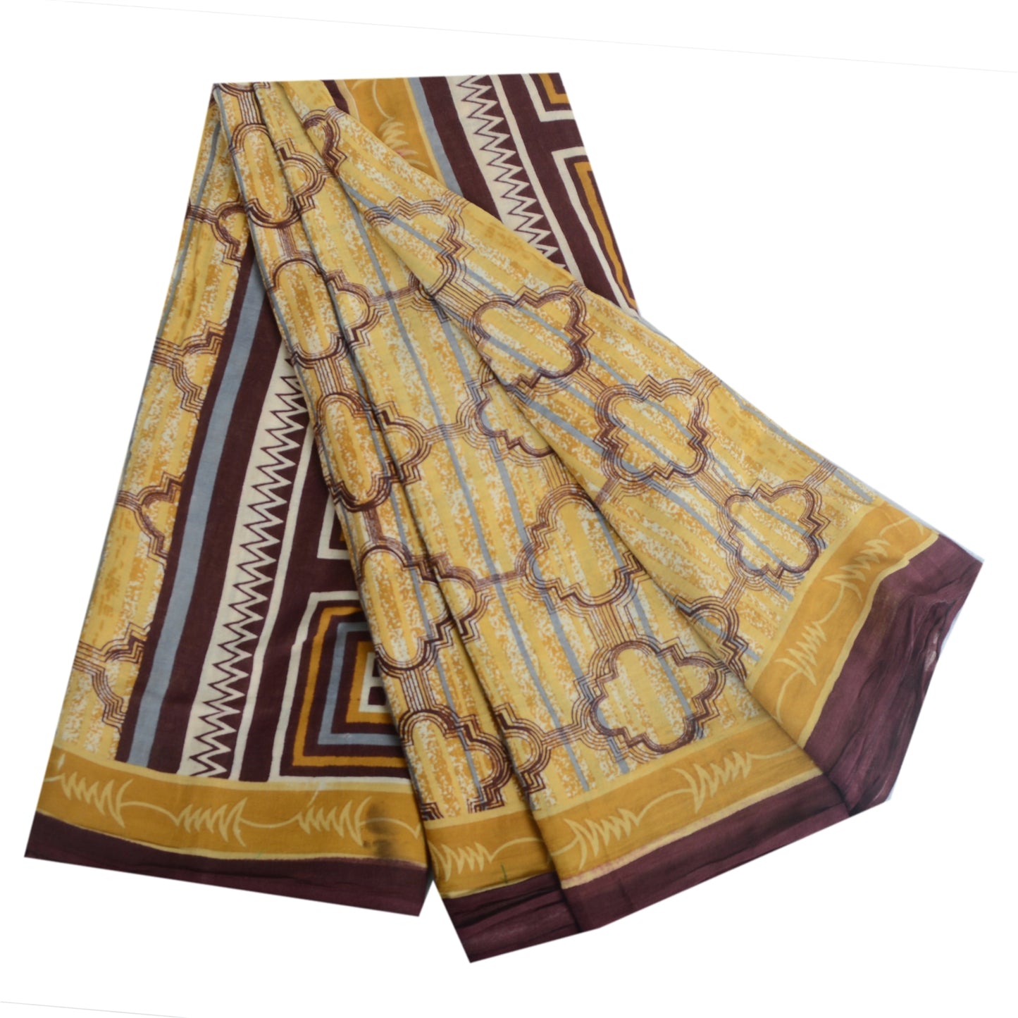 Sanskriti Vintage Sarees Light Yellow Pure Cotton Printed Sari 5yd Craft Sustainable Fabric