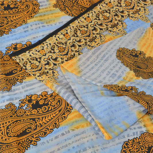 Sanskriti Vintage Sarees Sky-Blue Pure Cotton Printed Sari 5yd Craft Sustainable Fabric