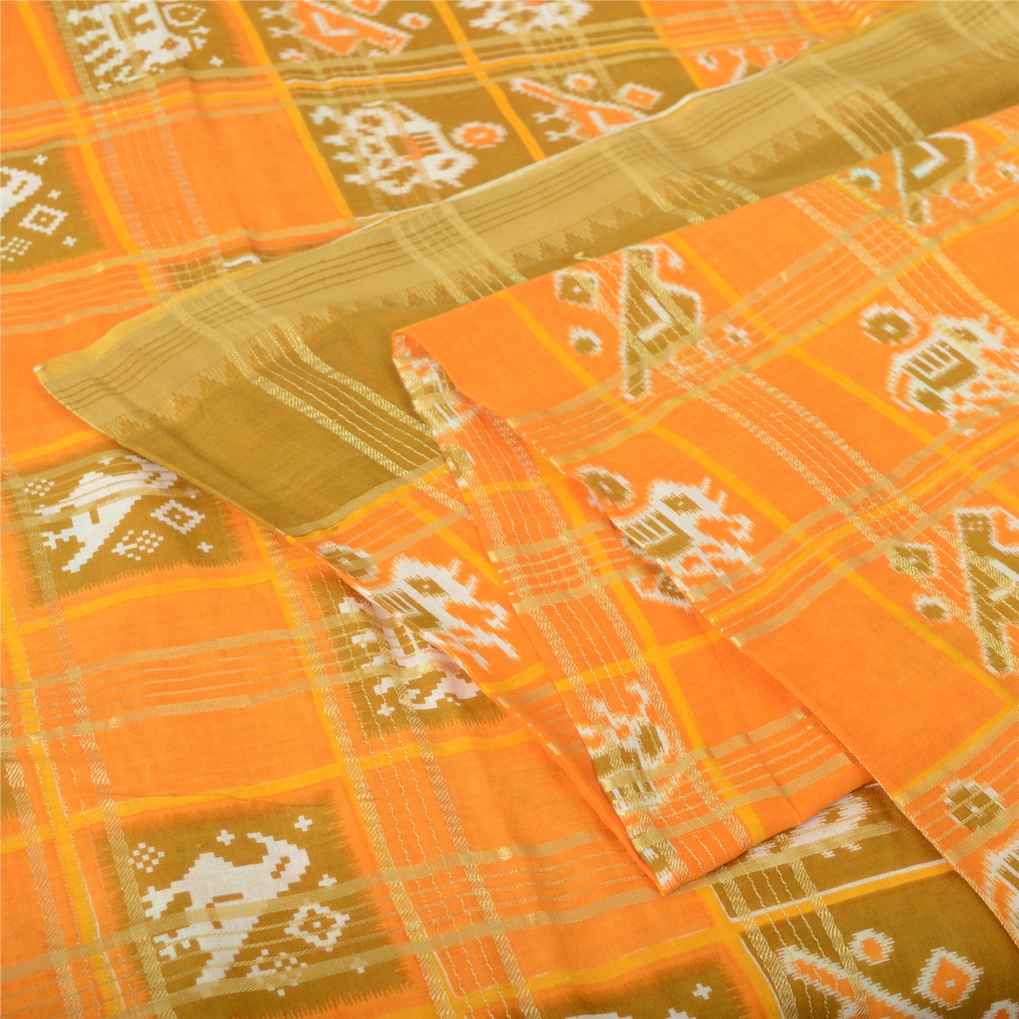 Sanskriti Vintage Sarees Yellow Pure Cotton Patan Patola Ikat Print Sari Sustainable Fabric