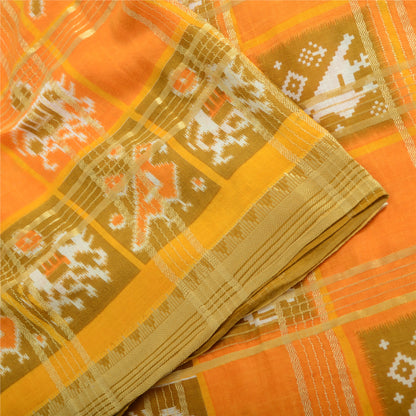 Sanskriti Vintage Sarees Yellow Pure Cotton Patan Patola Ikat Print Sari Sustainable Fabric