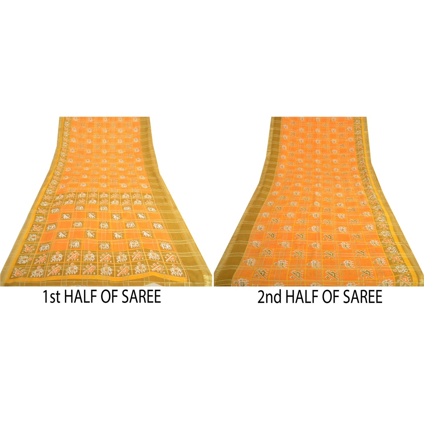 Sanskriti Vintage Sarees Yellow Pure Cotton Patan Patola Ikat Print Sari Sustainable Fabric