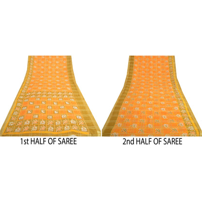 Sanskriti Vintage Sarees Yellow Pure Cotton Patan Patola Ikat Print Sari Sustainable Fabric