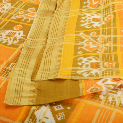 Sanskriti Vintage Sarees Yellow Pure Cotton Patan Patola Ikat Print Sari Sustainable Fabric