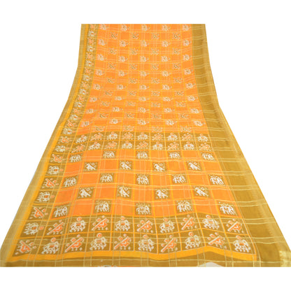 Sanskriti Vintage Sarees Yellow Pure Cotton Patan Patola Ikat Print Sari Sustainable Fabric