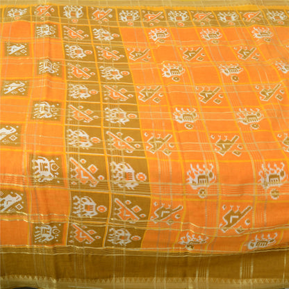 Sanskriti Vintage Sarees Yellow Pure Cotton Patan Patola Ikat Print Sari Sustainable Fabric