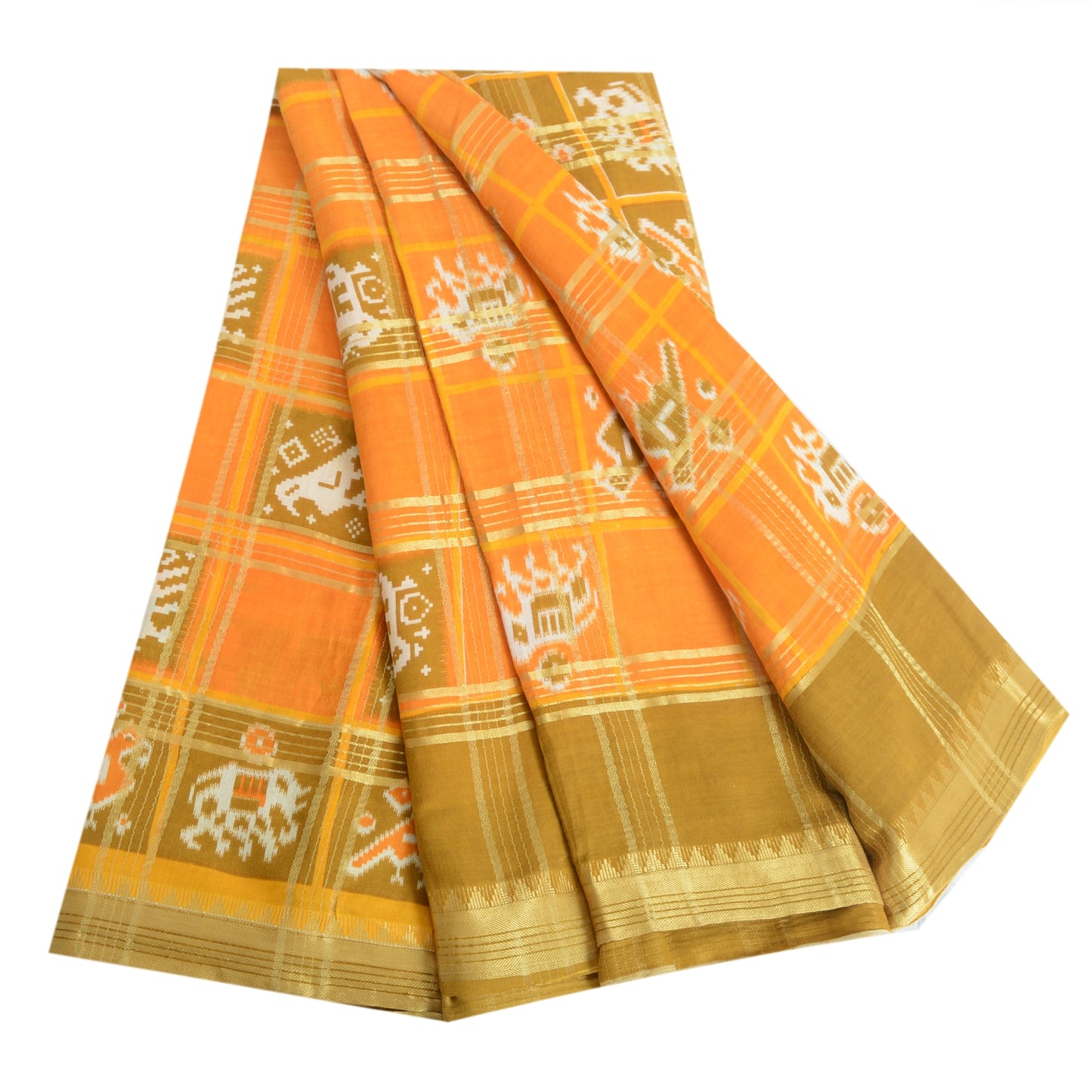 Sanskriti Vintage Sarees Yellow Pure Cotton Patan Patola Ikat Print Sari Sustainable Fabric