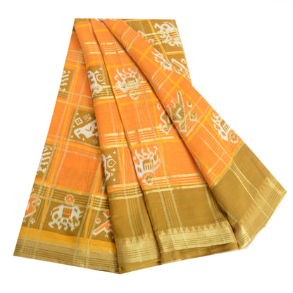 Sanskriti Vintage Sarees Yellow Pure Cotton Patan Patola Ikat Print Sari Sustainable Fabric