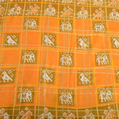 Sanskriti Vintage Sarees Yellow Pure Cotton Patan Patola Ikat Print Sari Sustainable Fabric