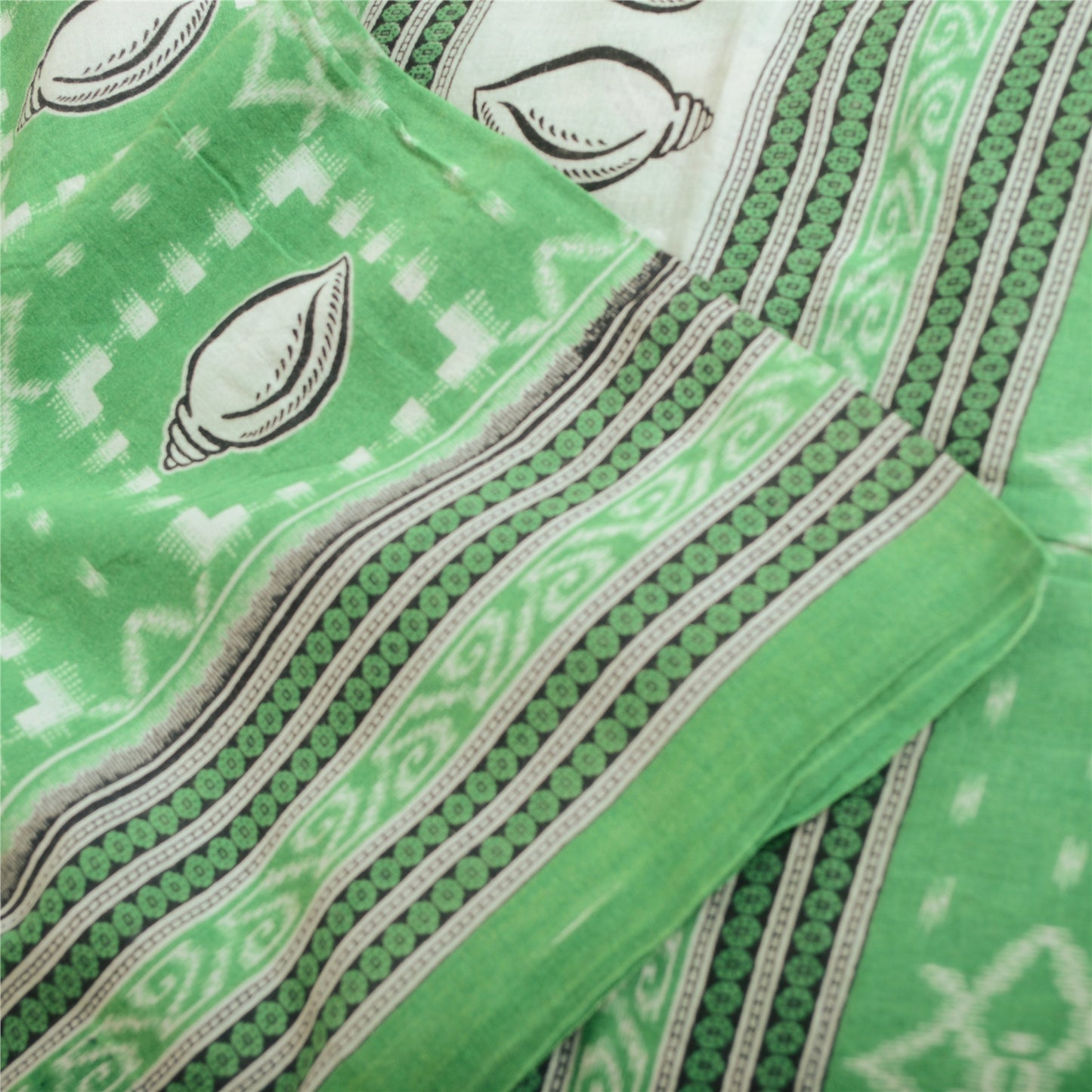 Sanskriti Vintage Sarees Green Shell Printed Pure Cotton Sari 5yd Craft Sustainable Fabric