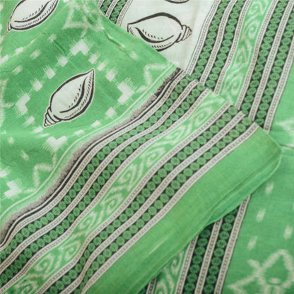 Sanskriti Vintage Sarees Green Shell Printed Pure Cotton Sari 5yd Craft Sustainable Fabric