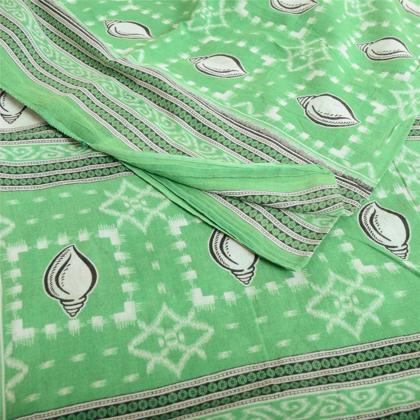 Sanskriti Vintage Sarees Green Shell Printed Pure Cotton Sari 5yd Craft Sustainable Fabric