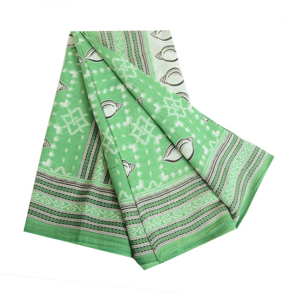 Sanskriti Vintage Sarees Green Shell Printed Pure Cotton Sari 5yd Craft Sustainable Fabric