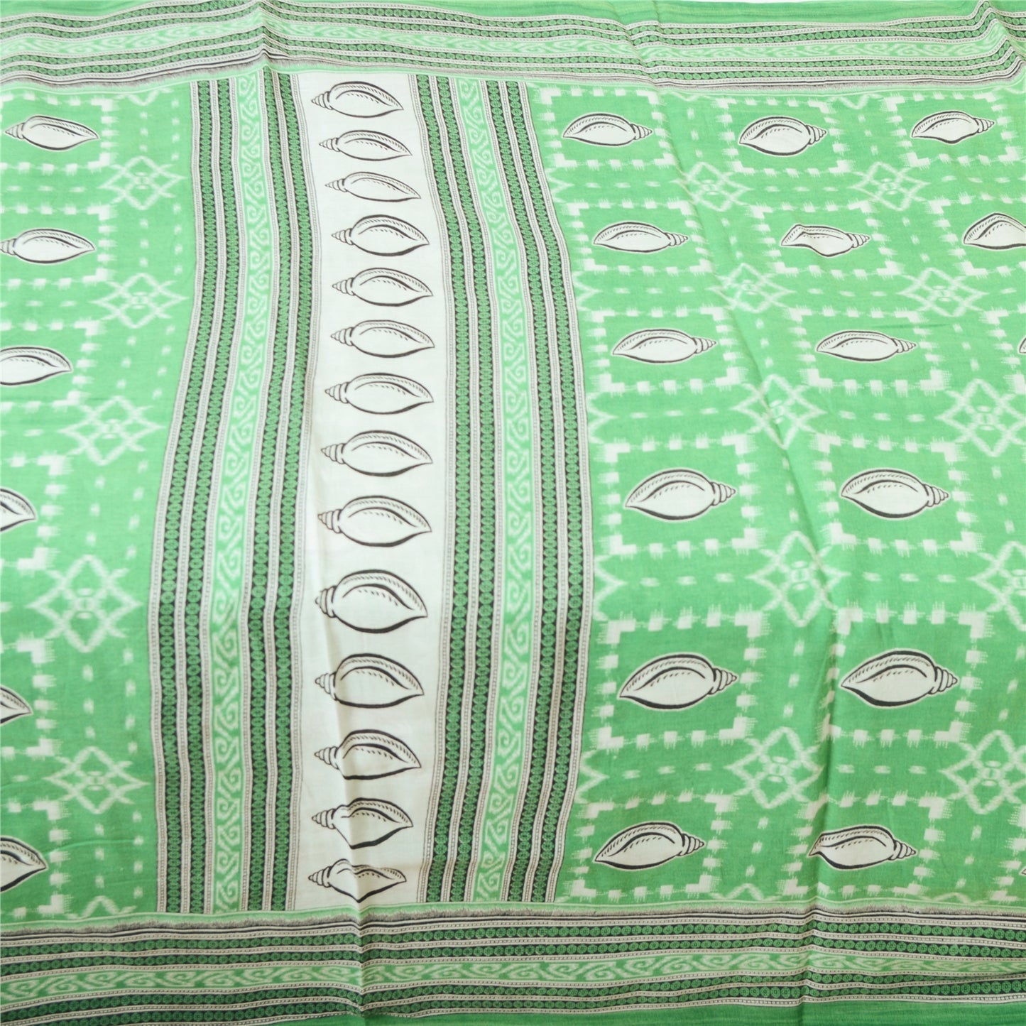 Sanskriti Vintage Sarees Green Shell Printed Pure Cotton Sari 5yd Craft Sustainable Fabric