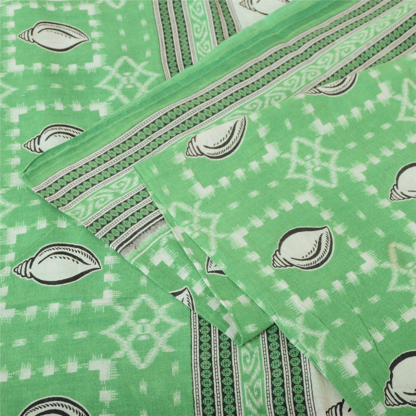 Sanskriti Vintage Sarees Green Shell Printed Pure Cotton Sari 5yd Craft Sustainable Fabric