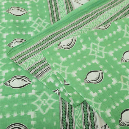 Sanskriti Vintage Sarees Green Shell Printed Pure Cotton Sari 5yd Craft Sustainable Fabric